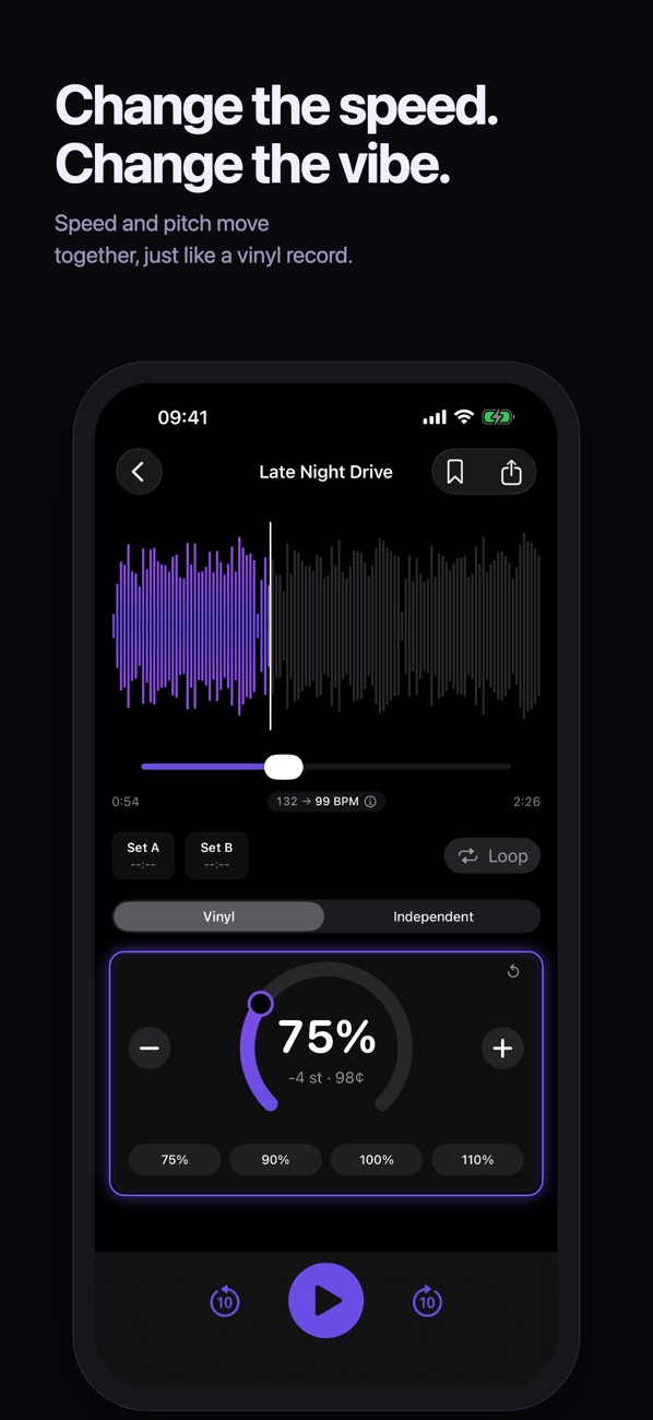 Change the speed. Change the vibe. Speed and pitch move together, just like a vinyl record. The player's Vinyl dial is set to 75%.