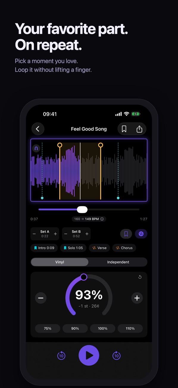 Your favorite part. On repeat. Pick a moment you love and loop it. The waveform shows a loop between two handles.